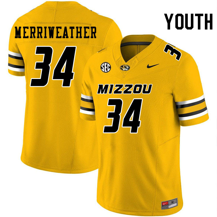 Youth #34 Ricardo Merriweather Missouri Tigers College Football Jerseys Stitched-Gold